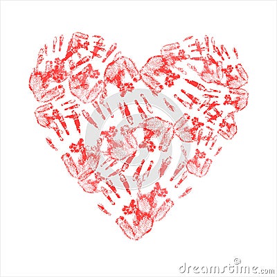 Heart made of handprints Vector Illustration