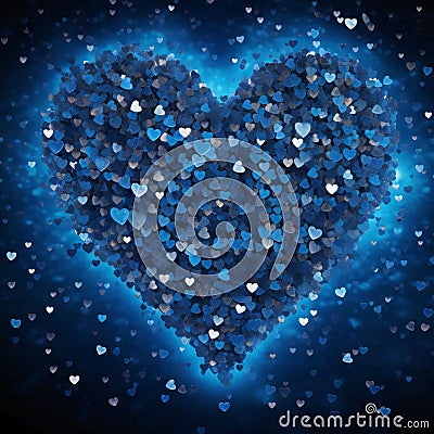 Heart made of hundreds of tiny blue hearts and a light blue light on a dark background. Heart as a s of affection and love Stock Photo
