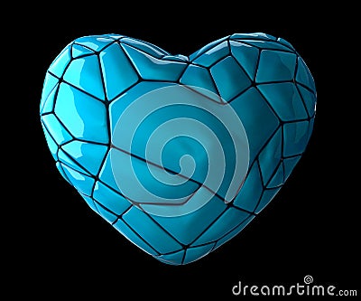 Heart made of low poly style blue color plastic isolated on black background. 3d Stock Photo