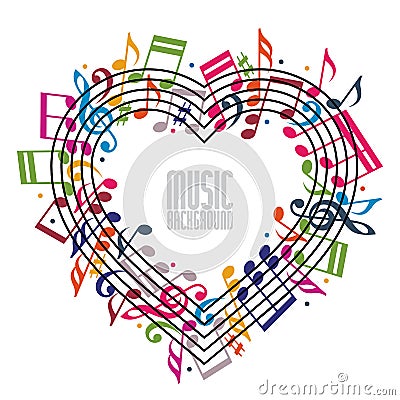 Heart made with musical notes and clef. Vector Illustration