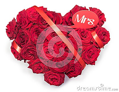 Heart Made Red Roses bouquet Red ribbon Text Note Mrs. Isolated White Background. Stock Photo