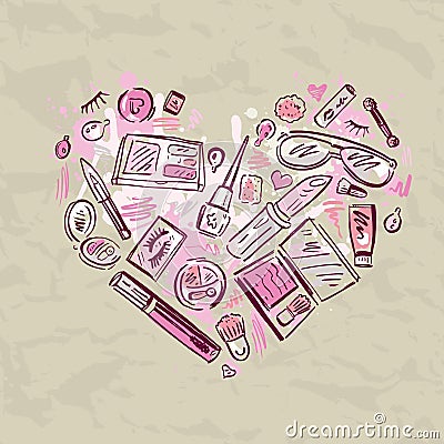 Heart of Makeup products set. Vector Illustration
