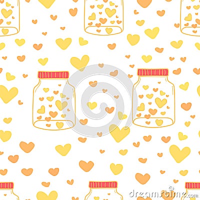 Heart in mason jars pattern background, Pattern with glass jar and heart inside, Love doodle style pattern, Gift wrapping paper Vector Illustration