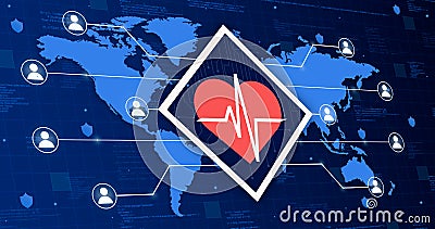 Heart medical icon with cardio on world map connecting system with other people, on technology background 3d Editorial Stock Photo