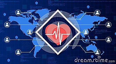 Heart medical icon with cardio on world map connecting system with other people, on technology background 3d Stock Photo