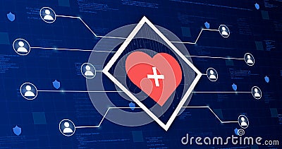 Heart medical icon connecting the system with other people on technology background 3d Editorial Stock Photo
