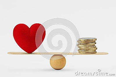 Heart and money on balance scale - Order of priority in life among love and money Stock Photo