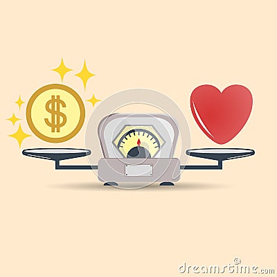 Heart and money for scales icon. Balance of money and love in scale. Concept choice. Scales with love and money coins. Vector. Vector Illustration