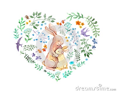 Heart for Mothers day - mother rabbit embrace her child. Watercolor card with animals, flowers, birds Stock Photo