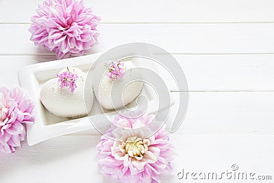 Heart mousse cakes covered with white chocolate velvet decorated of pink flowers Stock Photo