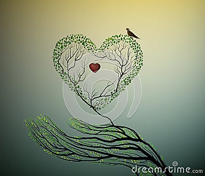 Heart of nature, treelike hand hold green heart, protect forest concept, Vector Illustration
