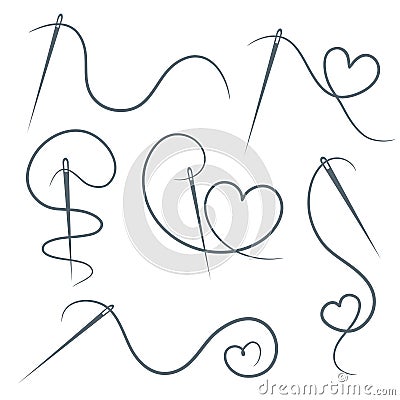 Heart with a needle thread icon for design on white, set of different form of hearts. vector illustration Vector Illustration