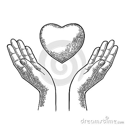 Heart in open female human palms. Vector black vintage Vector Illustration