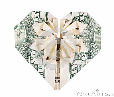 Heart of origami from the dollar. Origami of money. Dollar folded into heart isolated on white background. Stock Photo