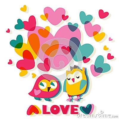 Heart and Owls love cartoon card Vector Illustration