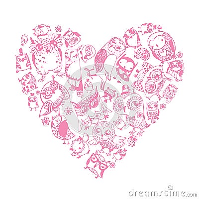 Heart Owls pattern. Vector Illustration