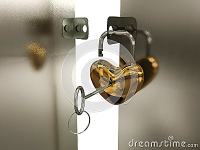 Heart-padlock with key on the gate Stock Photo