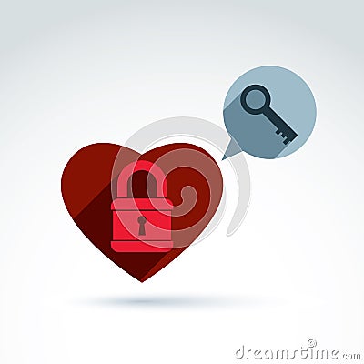 Heart Padlock lock and Key conceptual icon, unlock my heart, unlock your feelings, free your heart, safe from feelings, vector con Vector Illustration