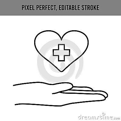 Heart in the palm of your hand. Healthcare concept. Medically cross. Protection symbol. Isolated vector. Editable Stroke Vector Illustration