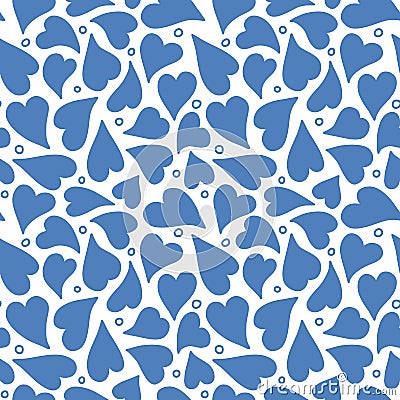 Heart pattern design in blue and white. Tossed vector seamless repeat of hearts and dots. Hand drawn illustration Vector Illustration