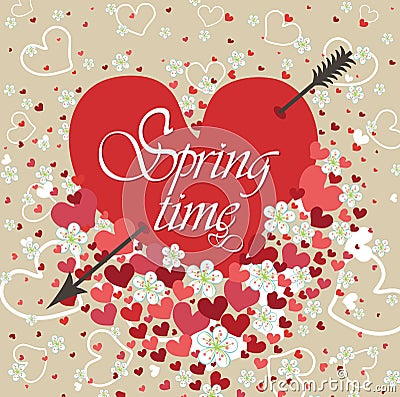 Heart pierced with an arrow with flowers.Spring ti Vector Illustration