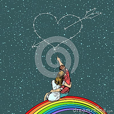 Heart pierced by an arrow over a couple in love Vector Illustration