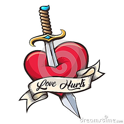 Heart Pierced by Dagger Colorful Tattoo Cartoon Illustration