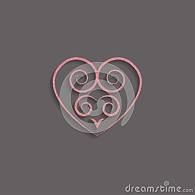 heart in pink gold with a decorative pattern icon. glitter logo, a symbol of love with a shadow on a black background. use in dec Vector Illustration