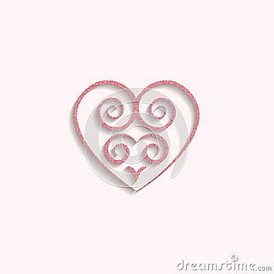 heart in pink gold with a decorative pattern icon. glitter logo, a symbol of love with a shadow on a white background. use in dec Vector Illustration