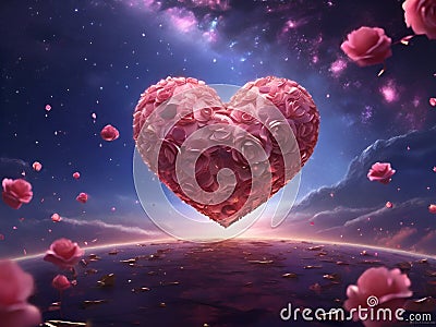 A heart of pink rose flower, in the blue cosmic sky, with rose flower petals, galaxy, digital anime art, love scene, romance Stock Photo