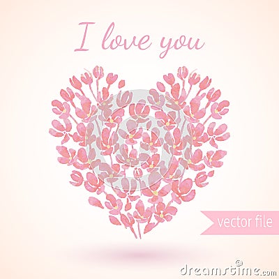 Heart of pink watercolor flowers. valentine day's card Vector Illustration