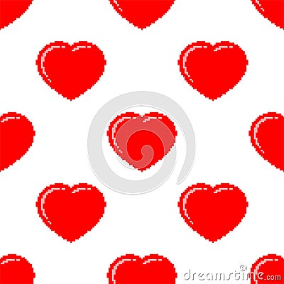Heart Pixel Art Seamless Pattern, Heart Shape, Emotion, Affection, Love, Valentine Icon Vector Illustration