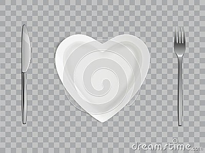 Heart plate, fork and knife, empty table setting Vector Illustration