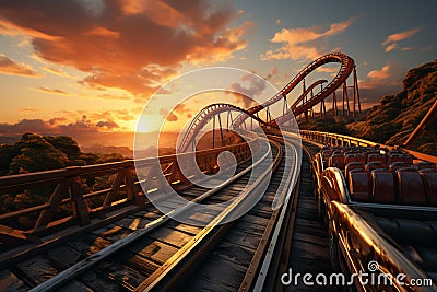 Heart-pounding sunset ride, Roller coaster's chilling loops leave you breathless Stock Photo