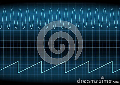 Sine wave and Sawtooth signal on the oscilloscope. The voltage waveform. Vector Illustration