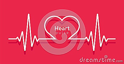 Heart pulse. Heartbeat line, cardiogram. Red and white colors. Beautiful healthcare, medical background. Modern simple design. Vector Illustration