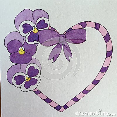 Heart and Purple Pansies pen and ink drawing Cartoon Illustration