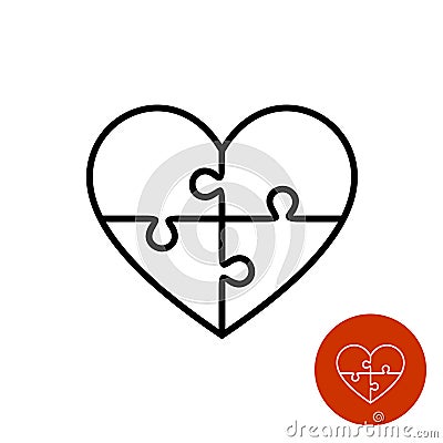 Heart puzzle linear logo divided on four Vector Illustration