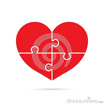Heart puzzle of 4 pieces. Jigsaw in love solution icon. Connected family concept. Valentines, romantic sign. vector illustration Vector Illustration