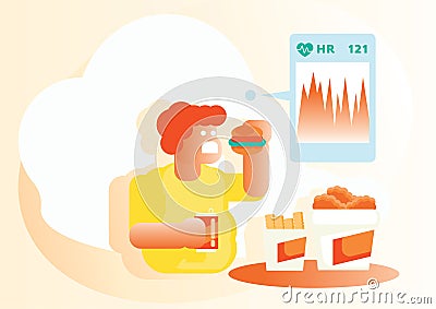 Heart rate check when eat junk food Vector Illustration