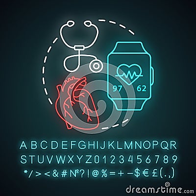 Heart rate monitoring neon light concept icon. Cardiological health control idea. Stethoscope, equipment for pulse check Vector Illustration