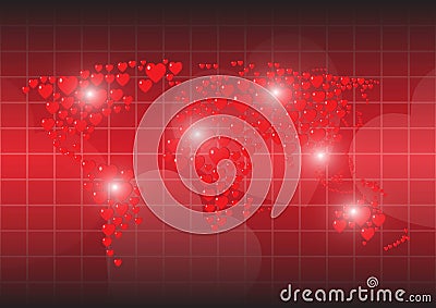 Heart red background map of the world Vector Illustration