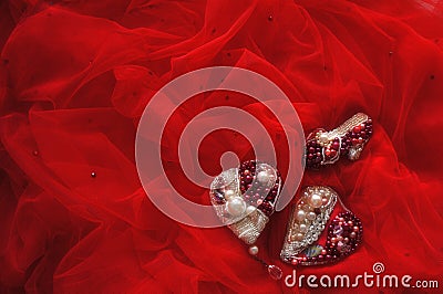 Heart Red Luxe brooch, Cinderella shoes, wedding background with Hand Made Bridal Jewelry Stock Photo