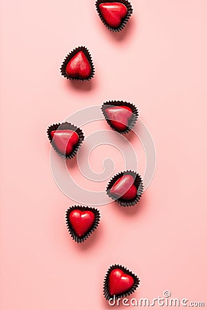 Heart red sweets, love letter and gift on blue. Valentine's day romantic invitation. Stock Photo