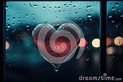 Heart Reflection on Rainy Window: City Lights and Love's Melancholy - Generative AI Stock Photo