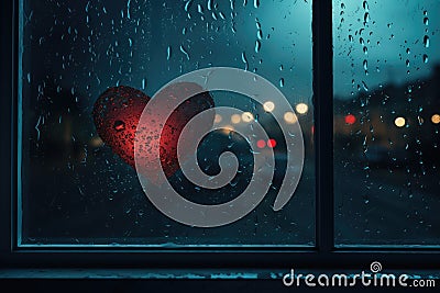 Heart Reflection on Rainy Window: City Lights and Love's Melancholy - Generative AI Stock Photo