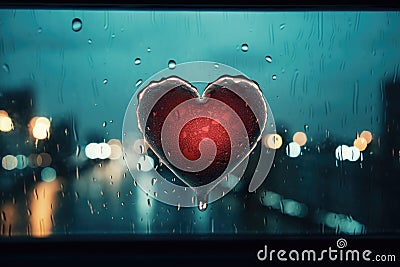 Heart Reflection on Rainy Window: City Lights and Love's Melancholy - Generative AI Stock Photo