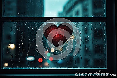 Heart Reflection on Rainy Window: City Lights and Love's Melancholy - Generative AI Stock Photo