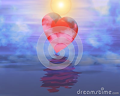 Heart reflection on sunset foggy sky Stock Photo