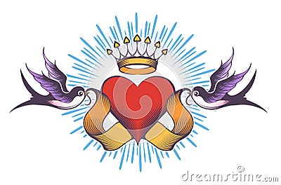 Heart with Ribbon and Swallows Tattoo Vector Illustration